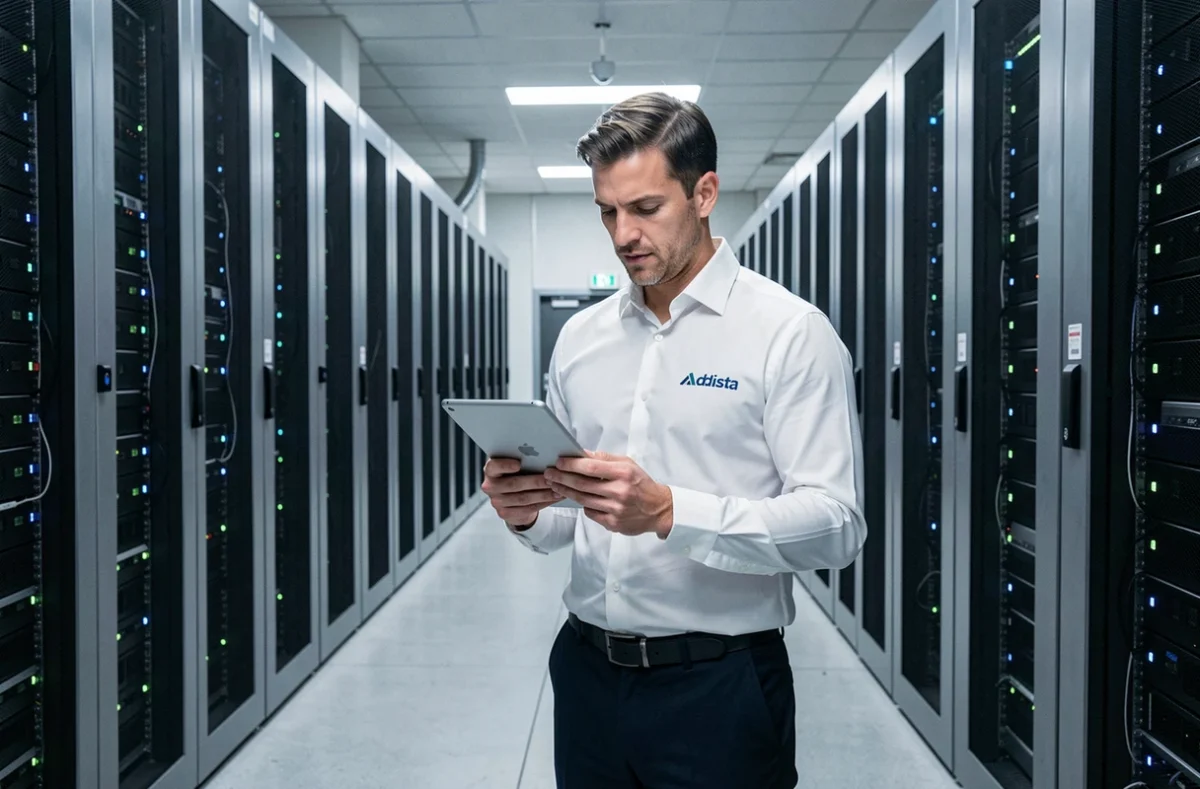 Ingénieur informatique Adista dans un couloir de centre de données professionnel avec des racks de serveurs alignés