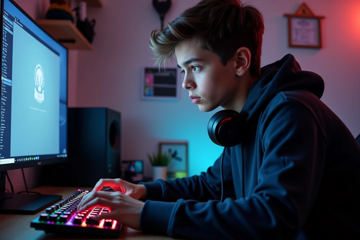 Adolescent dans sa chambre modifiant la disposition du clavier Windows sur un ordinateur avec clavier mécanique