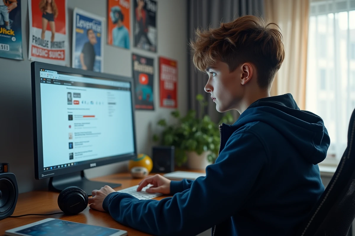 Adolescent téléchargeant de la musique MP3 depuis YouTube sur un ordinateur de bureau dans sa chambre d'étudiant
