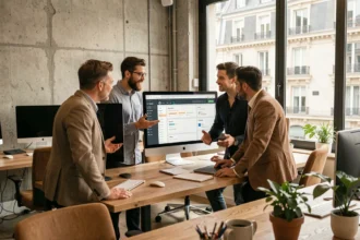 Équipe d'une agence WordPress en Île-de-France travaillant sur un projet web dans un bureau moderne à Paris