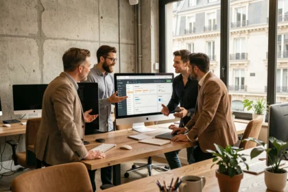 Équipe d'une agence WordPress en Île-de-France travaillant sur un projet web dans un bureau moderne à Paris