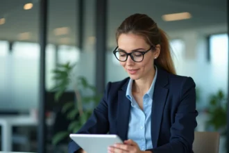 Professionnelle consultant un agenda numérique sur tablette dans un bureau moderne, illustrant les évolutions d'Agendis 95 en 2026
