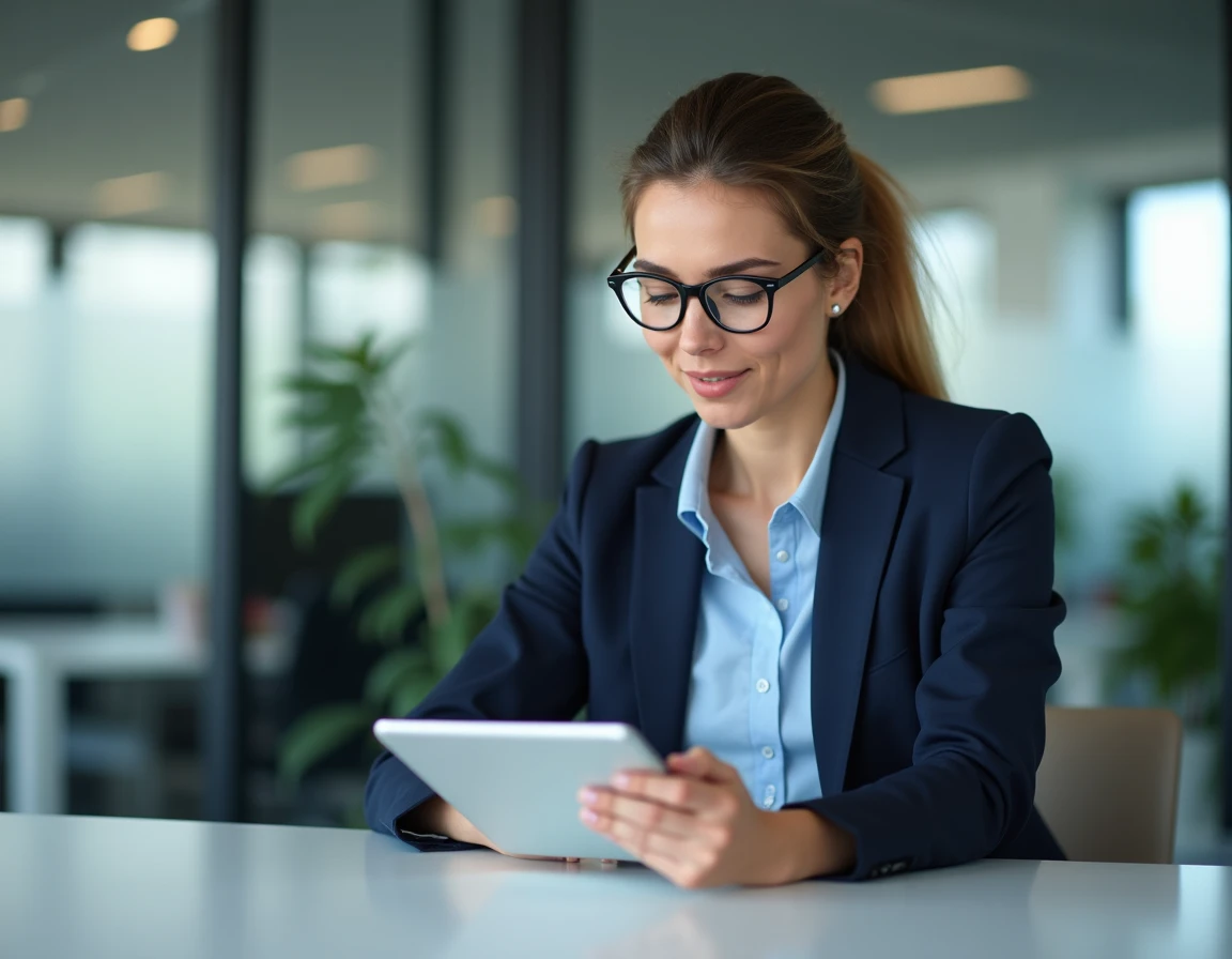 Professionnelle consultant un agenda numérique sur tablette dans un bureau moderne, illustrant les évolutions d'Agendis 95 en 2026