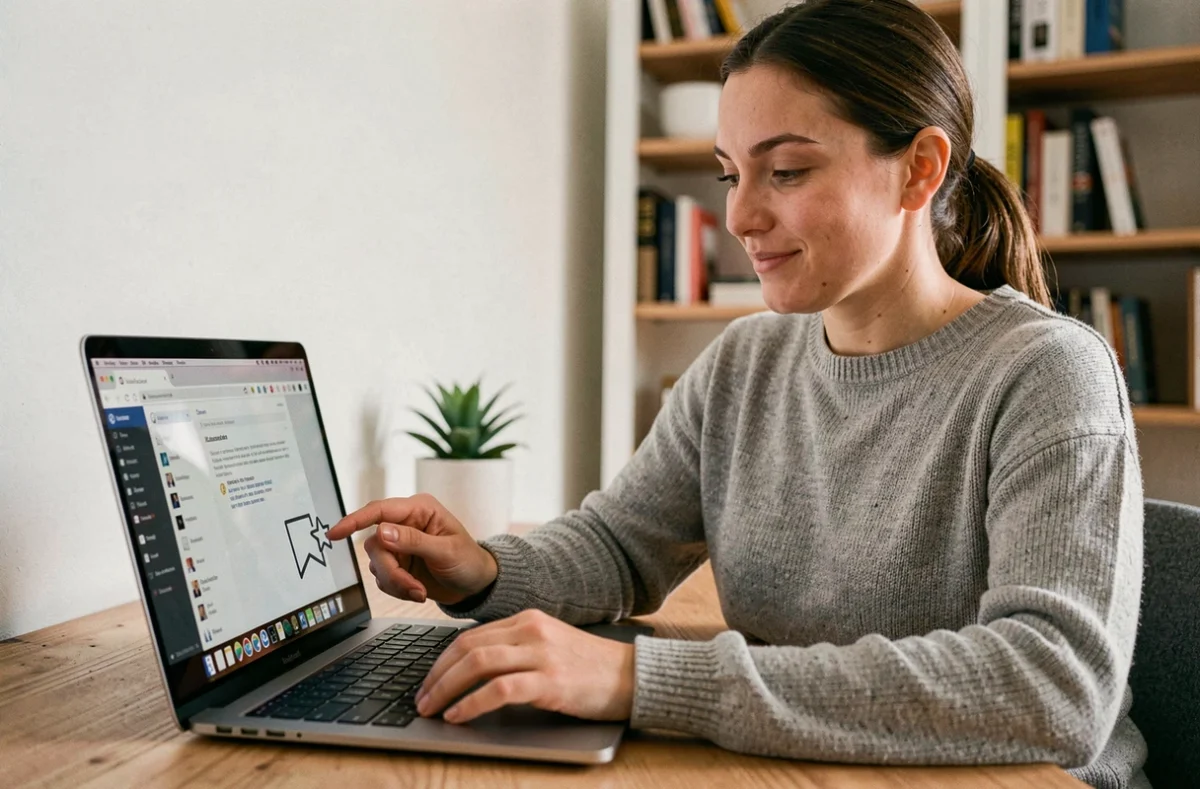 Femme ajoutant un site en favori sur son navigateur depuis un bureau à domicile
