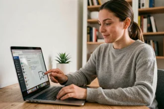 Femme ajoutant un site en favori sur son navigateur depuis un bureau à domicile