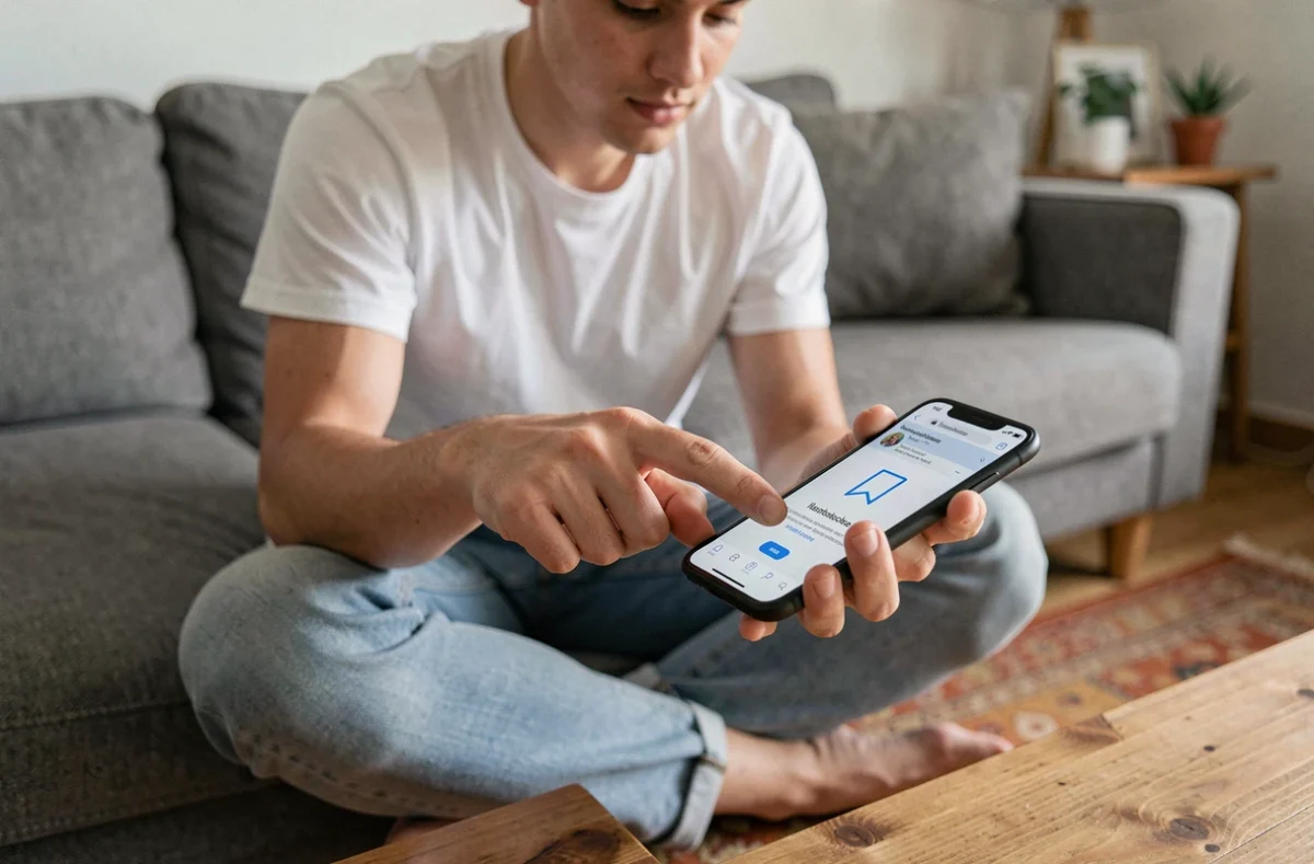 Jeune personne ajoutant un site en favori sur un smartphone depuis son canapé