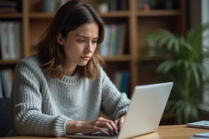 Femme consultant une alerte de sécurité sur son navigateur web avec une expression perplexe
