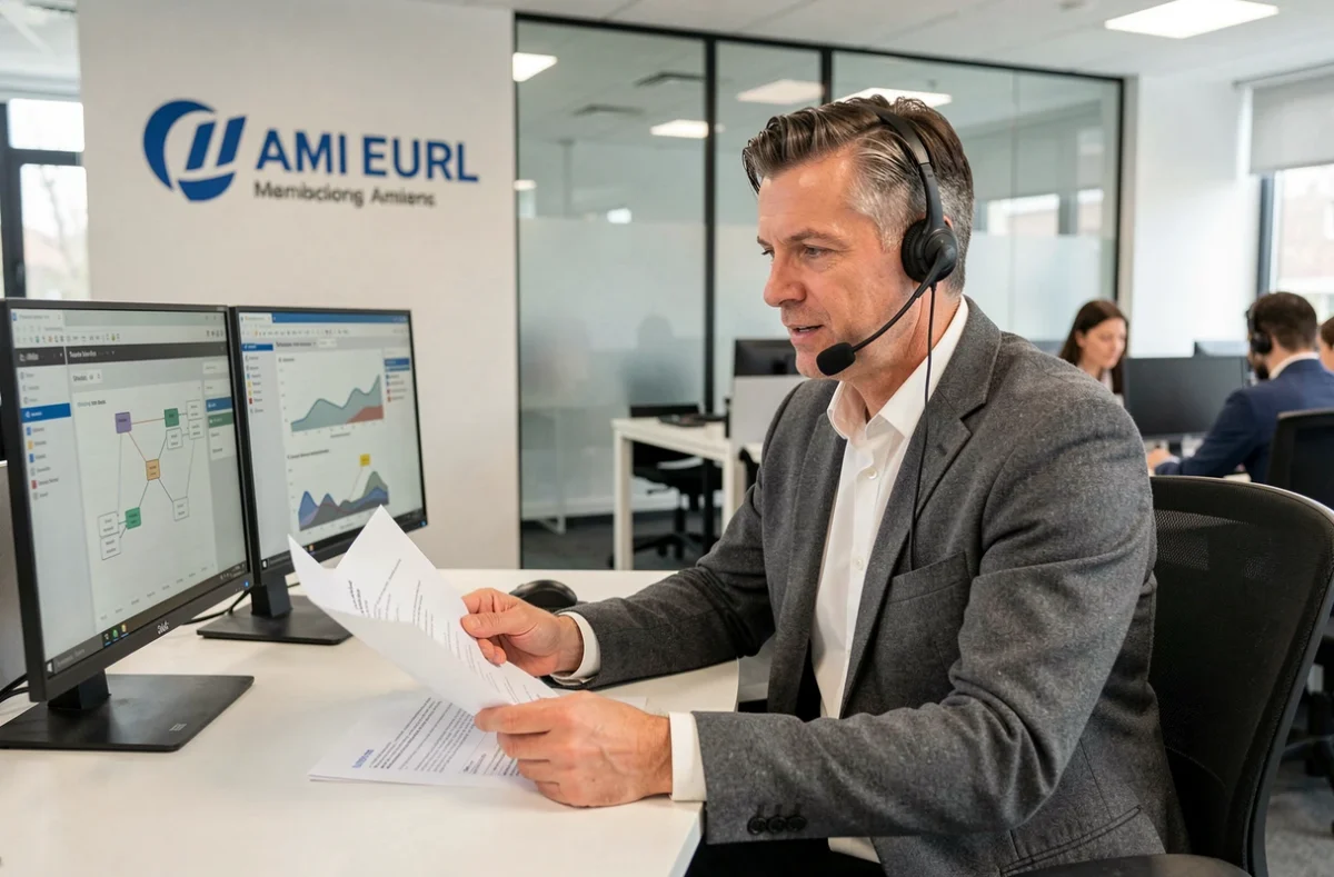 Consultant informatique d'AMI EURL travaillant sur des tableaux de bord de gestion réseau dans un bureau professionnel moderne à Amiens