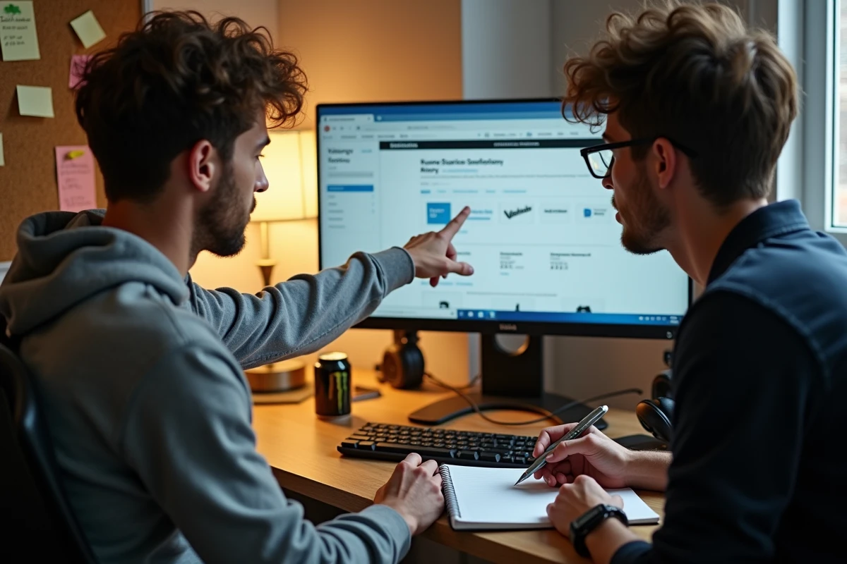 Deux amis analysant ensemble l'historique d'achat Valorant sur un PC de bureau dans un appartement étudiant
