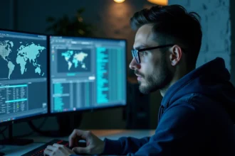 Analyste en cybersécurité examinant des adresses IP suspectes sur plusieurs écrans dans un bureau technique