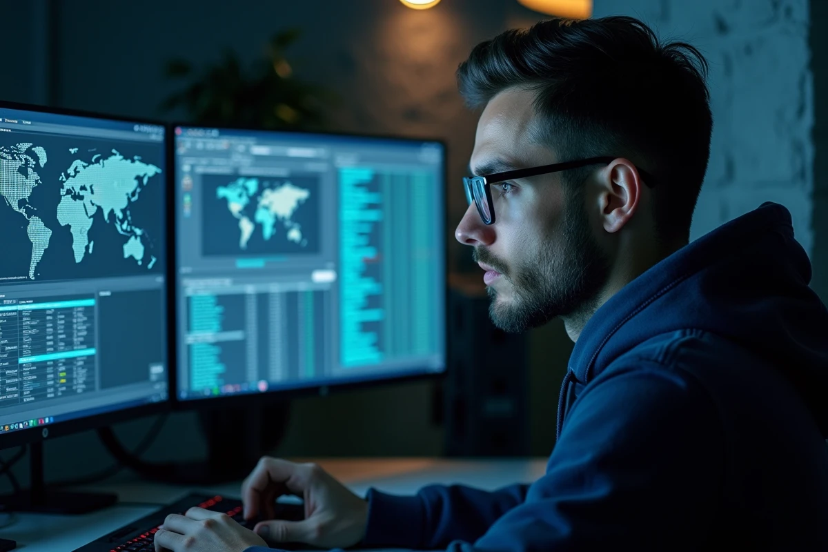 Analyste en cybersécurité examinant des adresses IP suspectes sur plusieurs écrans dans un bureau technique