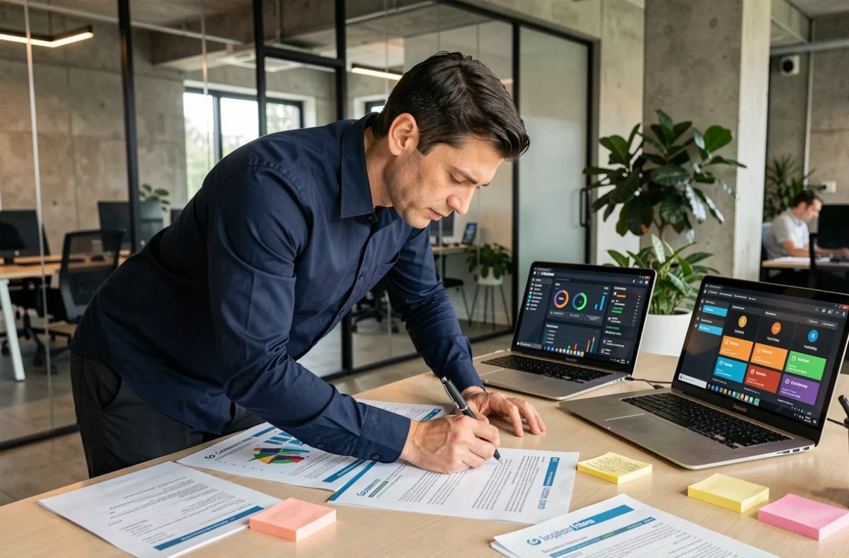 Analyste en sécurité informatique examinant des documents de conformité et des tableaux de bord de certification applicative dans un bureau moderne