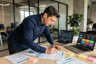 Analyste en sécurité informatique examinant des documents de conformité et des tableaux de bord de certification applicative dans un bureau moderne
