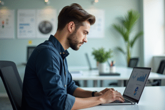 Jeune homme en analyse de données sur son ordinateur