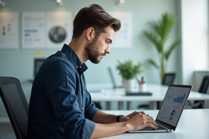 Jeune homme en analyse de données sur son ordinateur