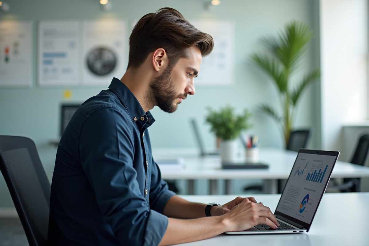 Jeune homme en analyse de données sur son ordinateur