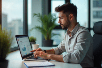 Jeune homme en analyse SEO sur son ordinateur