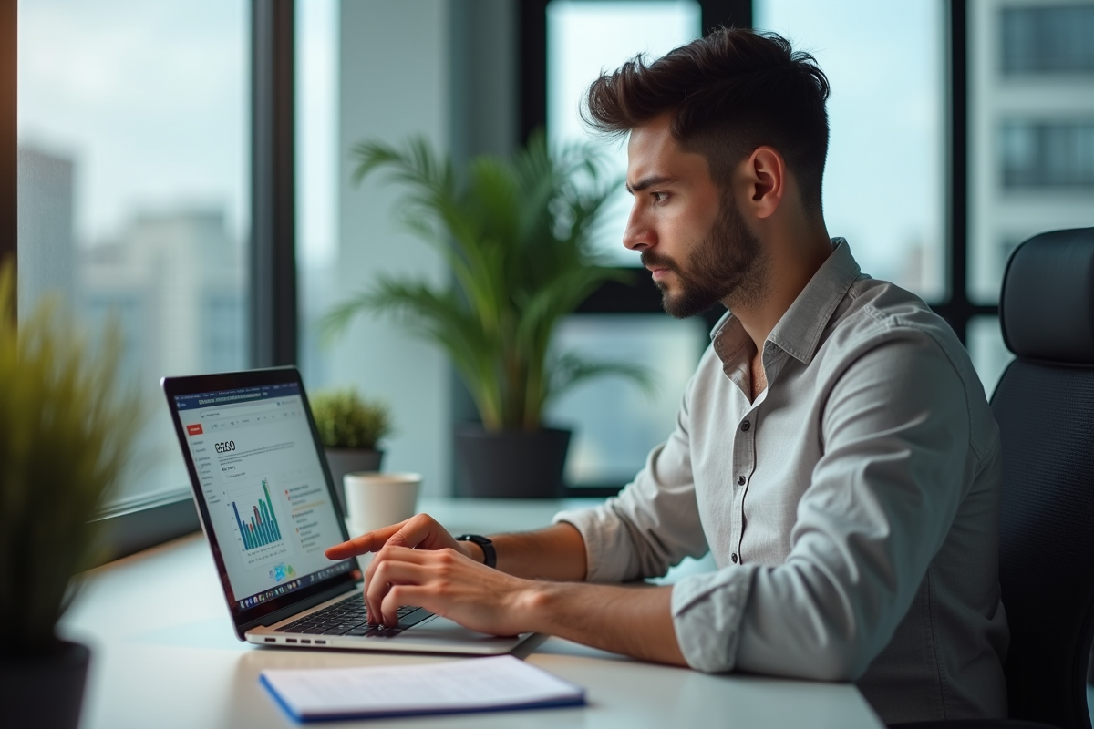 Jeune homme en analyse SEO sur son ordinateur