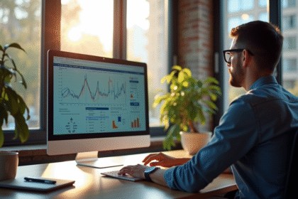 Analyste dans un bureau moderne regardant des analytics sur un grand écran