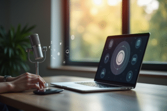 Bureau moderne avec ordinateur et microphone pour voix