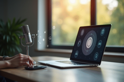 Bureau moderne avec ordinateur et microphone pour voix