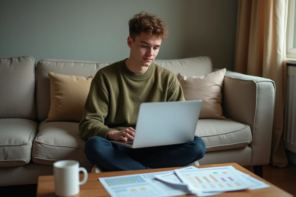 Jeune personne calculant des pourcentages sur Excel depuis un canapé avec des données changeantes sur l'écran
