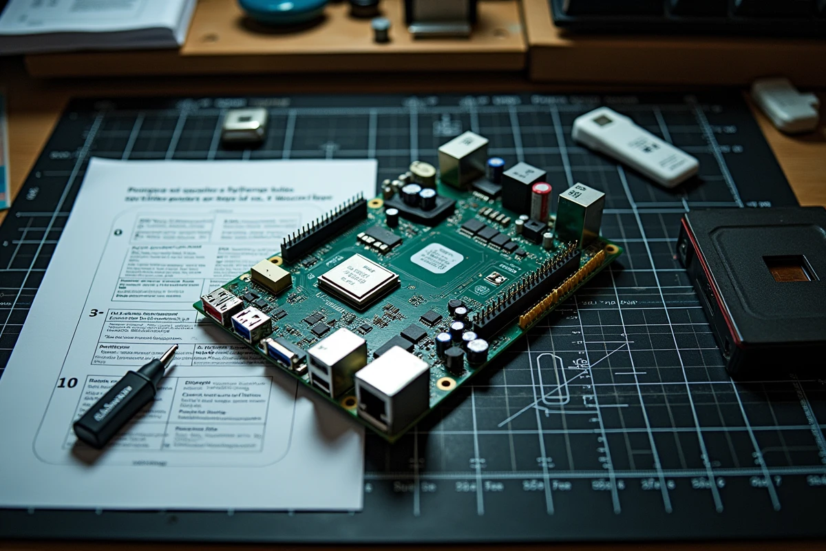 Vue aérienne d'une carte mère, d'une carte réseau et d'une clé USB contenant des drivers sur un établi d'atelier informatique