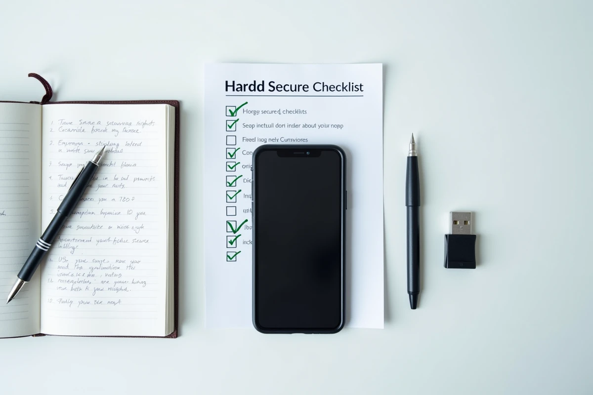 Vue aérienne d'une check-list de sécurité pour l'achat d'un téléphone PGP avec une clé USB de sécurité et un smartphone chiffré