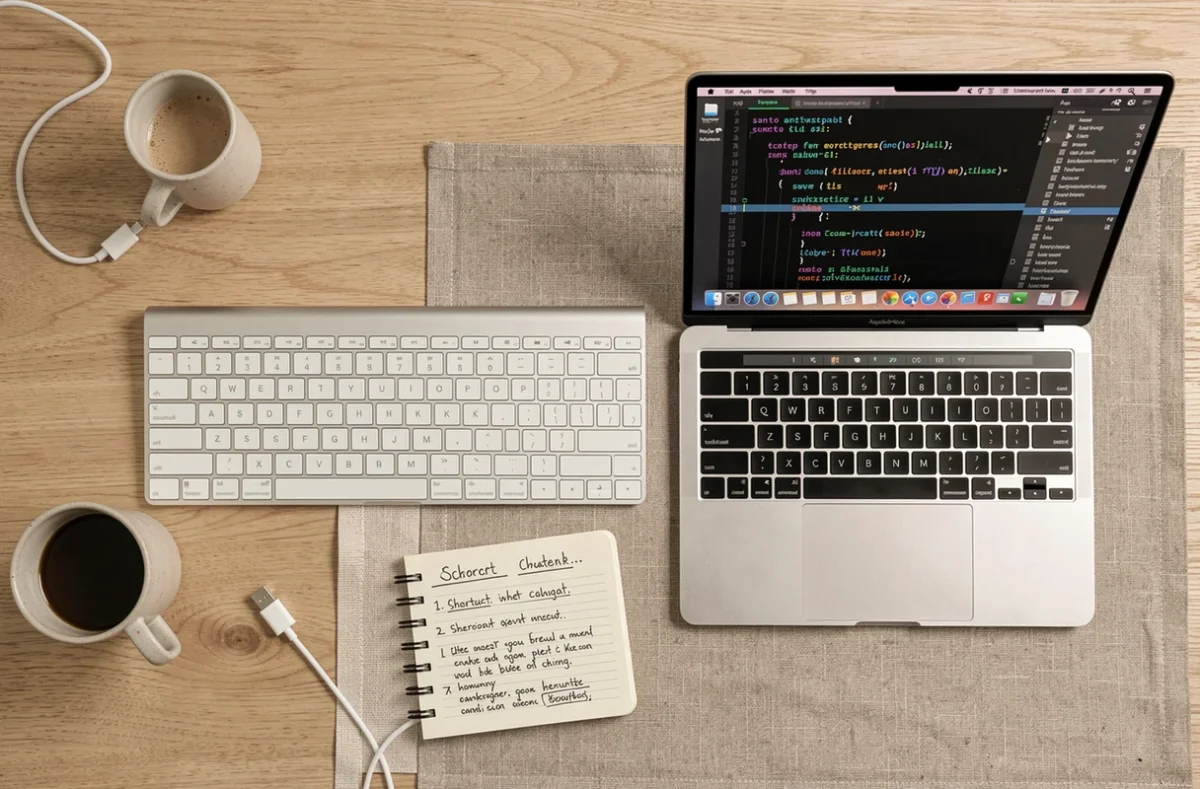 Vue en plongée d'un clavier Apple Magic Keyboard et d'un MacBook Pro avec un aide-mémoire de raccourcis tilde sur un bureau en bois épuré