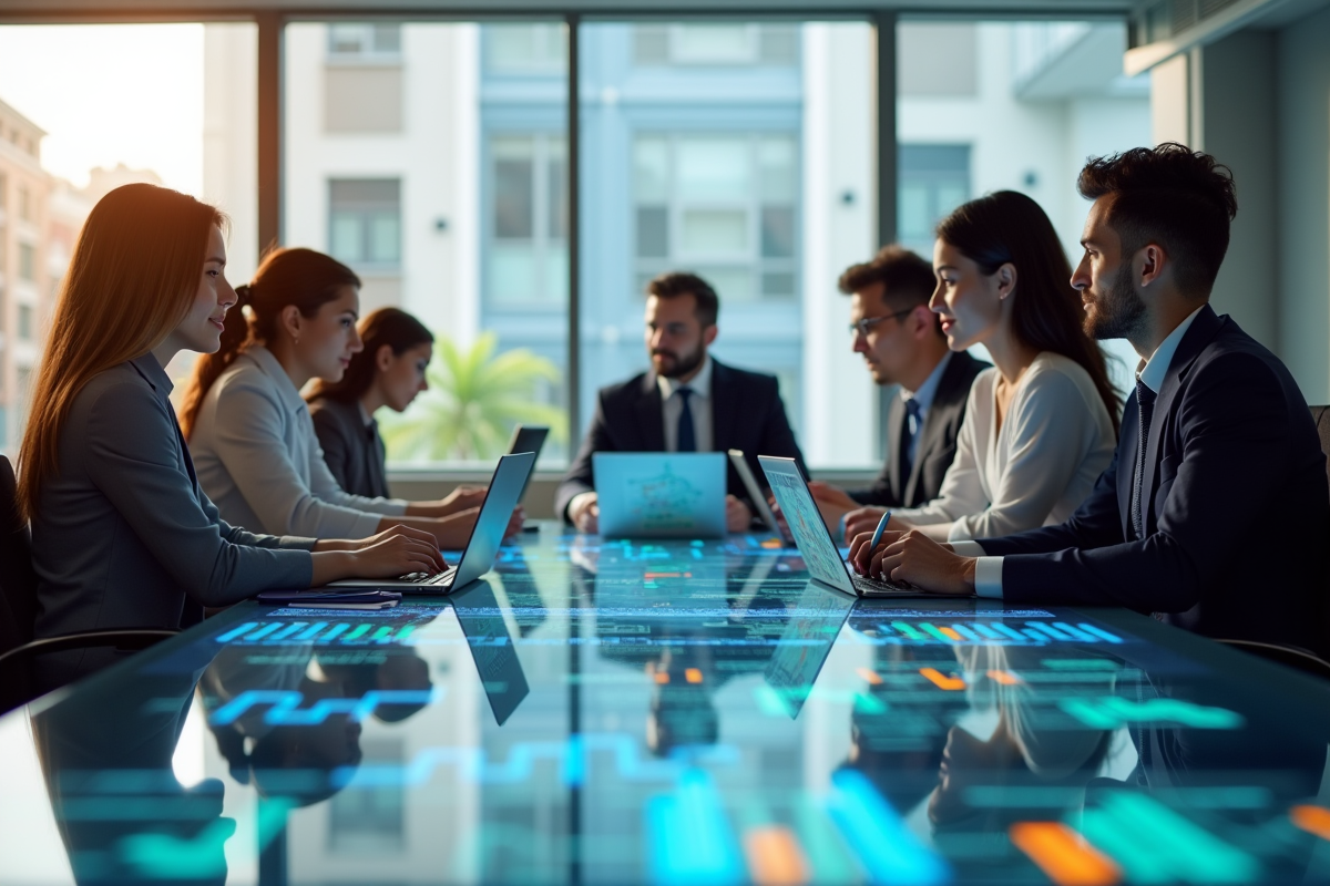 Groupe de professionnels collaborant autour d'une table moderne avec ordinateurs