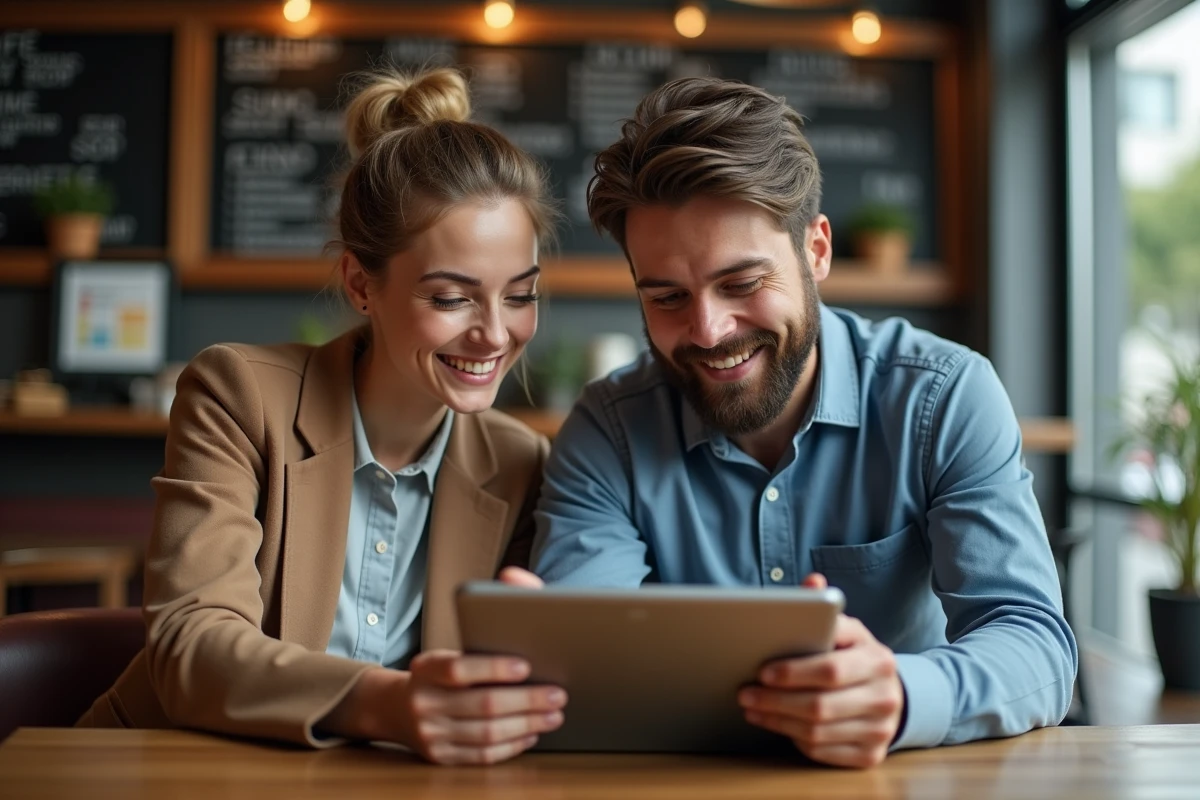 Deux collègues consultant une liste de navigateurs web anciens sur une tablette dans un café