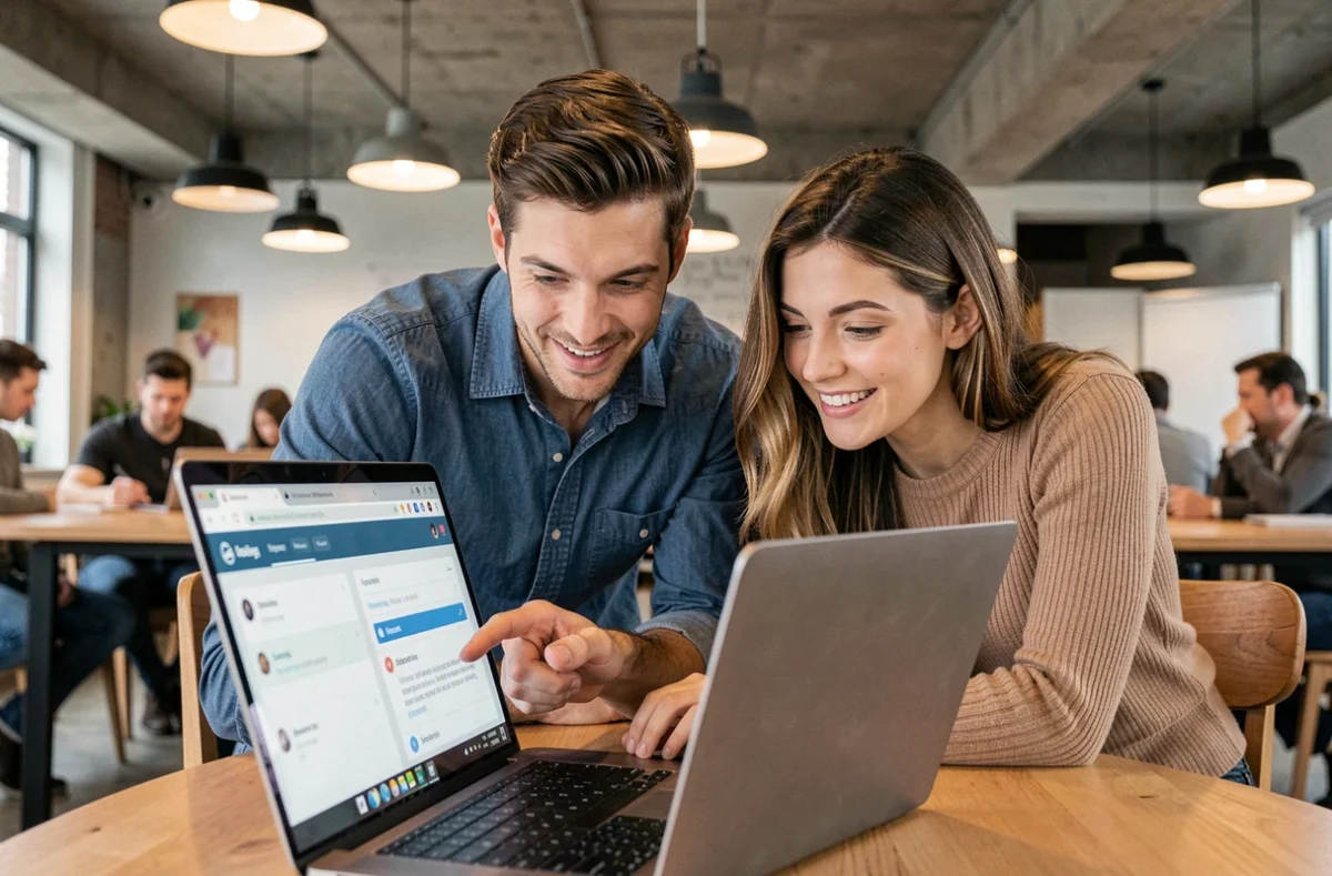 Deux collègues analysant ensemble les suggestions d'une extension de correction linguistique sur un ordinateur portable dans un espace de coworking