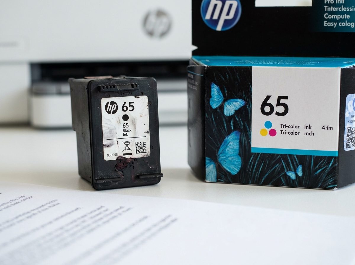 Comparaison entre une ancienne cartouche HP vide et une neuve sur un bureau, avec page imprimée défectueuse
