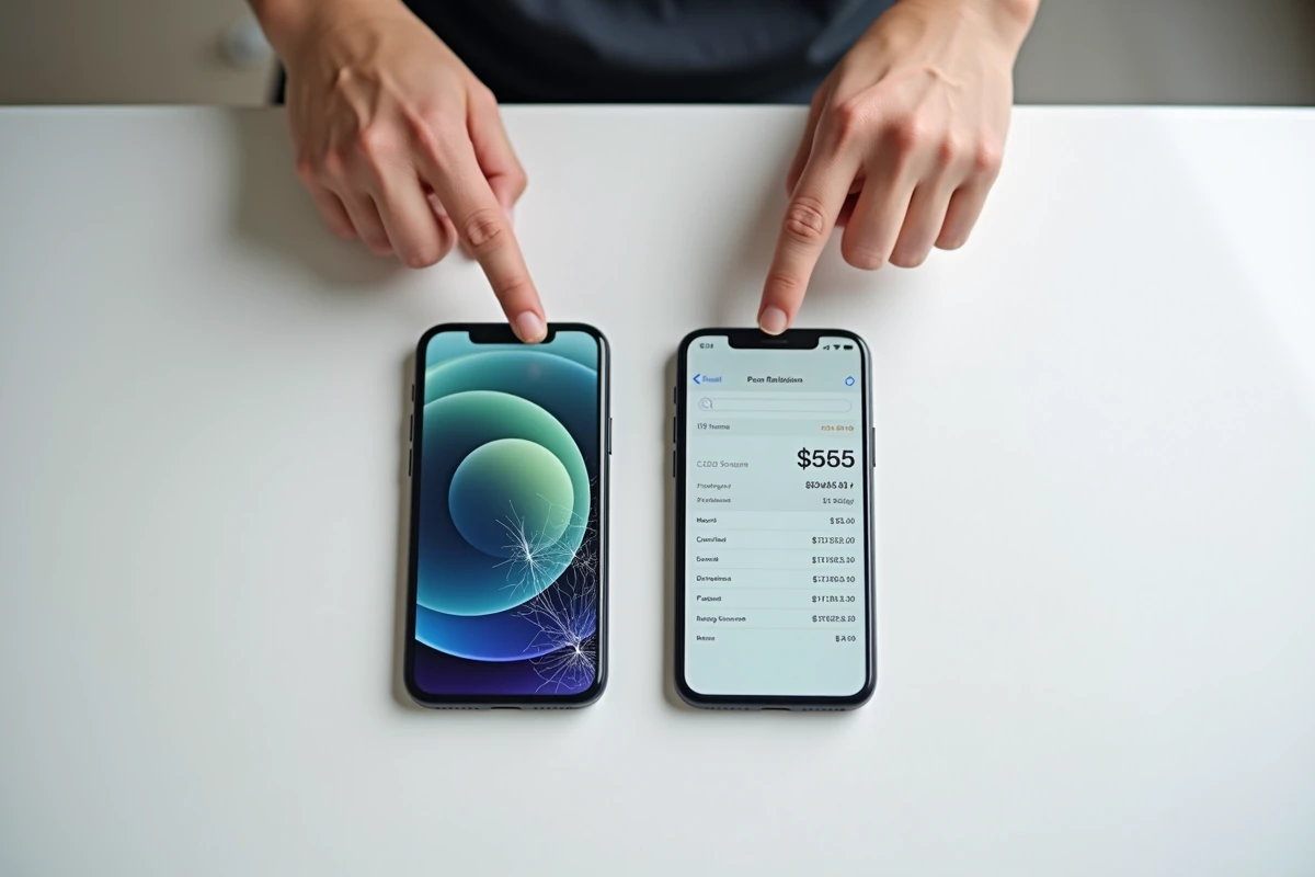 Comparaison d'un écran iPhone 11 cassé et d'un écran de remplacement neuf avec prix en ligne