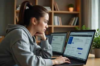 Jeune femme comparant des outils de téléchargement en ligne sur un ordinateur portable dans un bureau à domicile