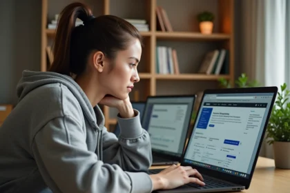 Jeune femme comparant des outils de téléchargement en ligne sur un ordinateur portable dans un bureau à domicile