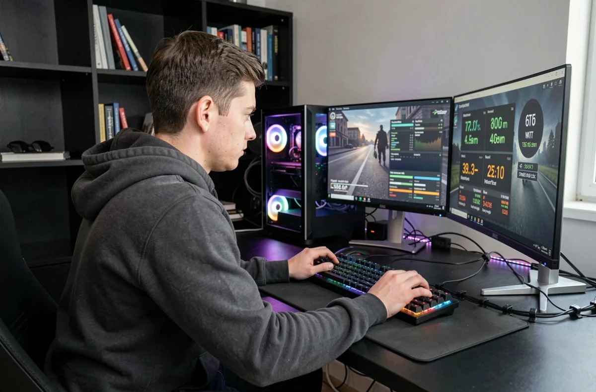 Joueur gamer configurant son PC de jeu haute performance avec double écran et composants visibles, estimation de consommation électrique affichée