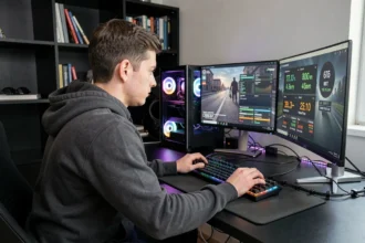 Joueur gamer configurant son PC de jeu haute performance avec double écran et composants visibles, estimation de consommation électrique affichée