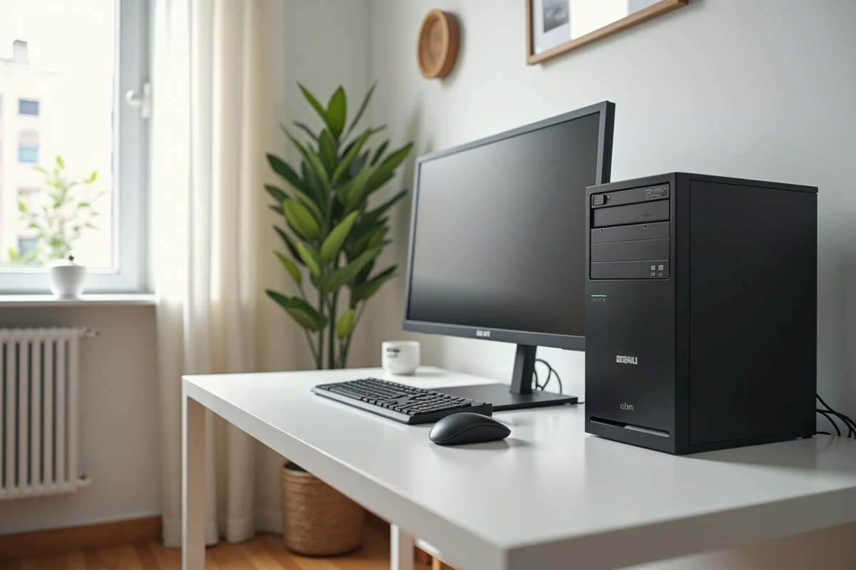 Configuration d'ordinateur fixe abordable sur un bureau simple dans un appartement, idéale pour la bureautique quotidienne sans dépenses excessives