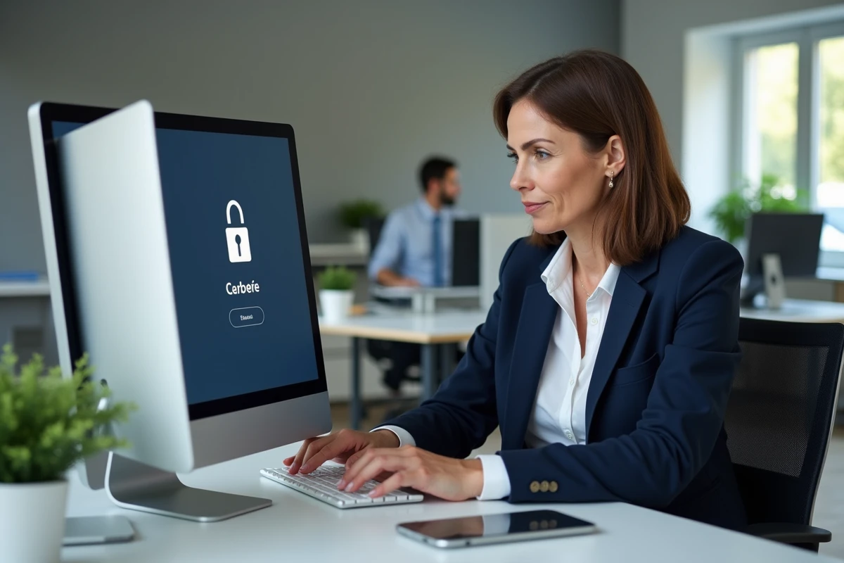 Fonctionnaire française se connectant au portail Cerbère pour accéder à Melanie2web depuis son bureau administratif