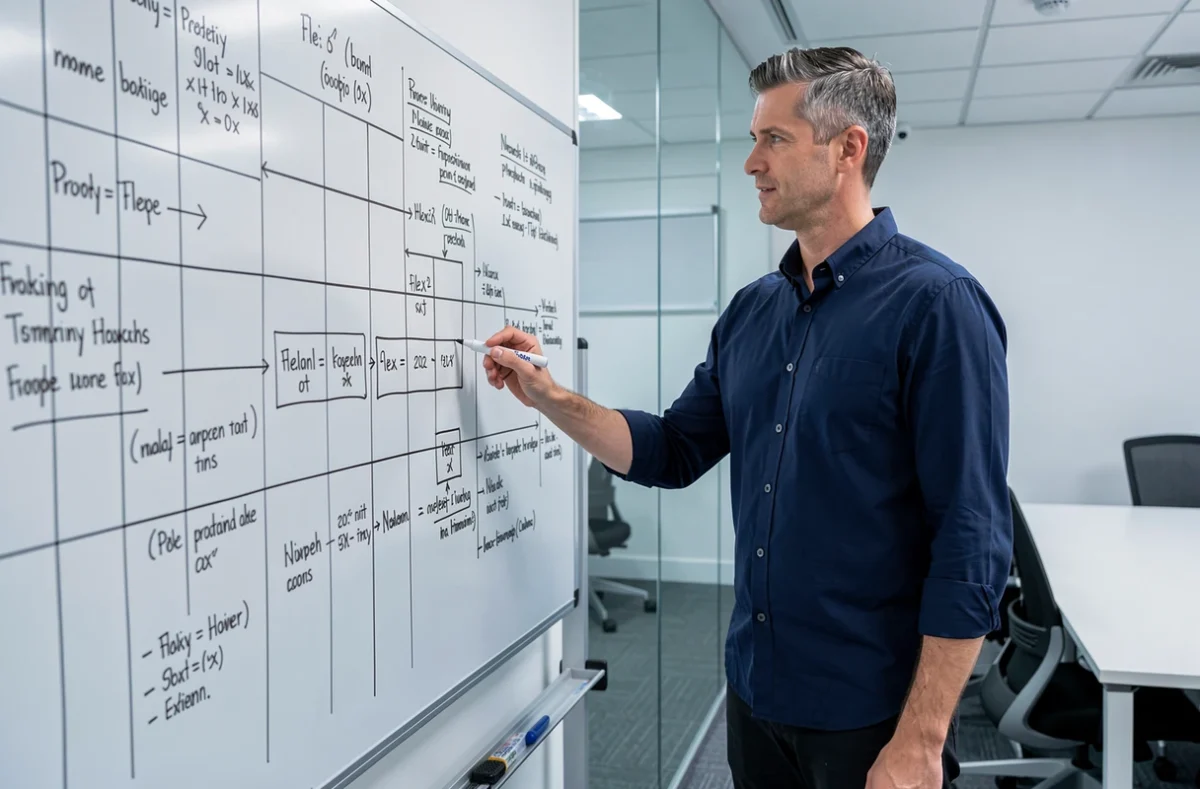 Consultant web debout devant un tableau blanc rempli de diagrammes CSS dans une salle de réunion d'agence numérique
