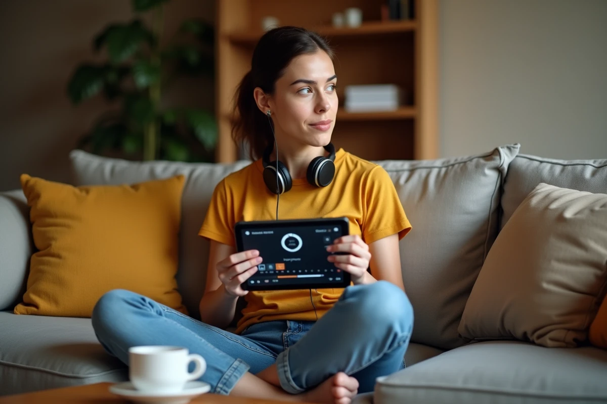 Jeune femme consultant un tableau de bord de visibilité vidéo avec sous-titres sur une tablette depuis son salon