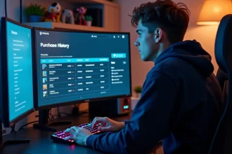 Joueur consultant son historique d'achat Valorant sur un écran ultrawide dans une salle de gaming moderne