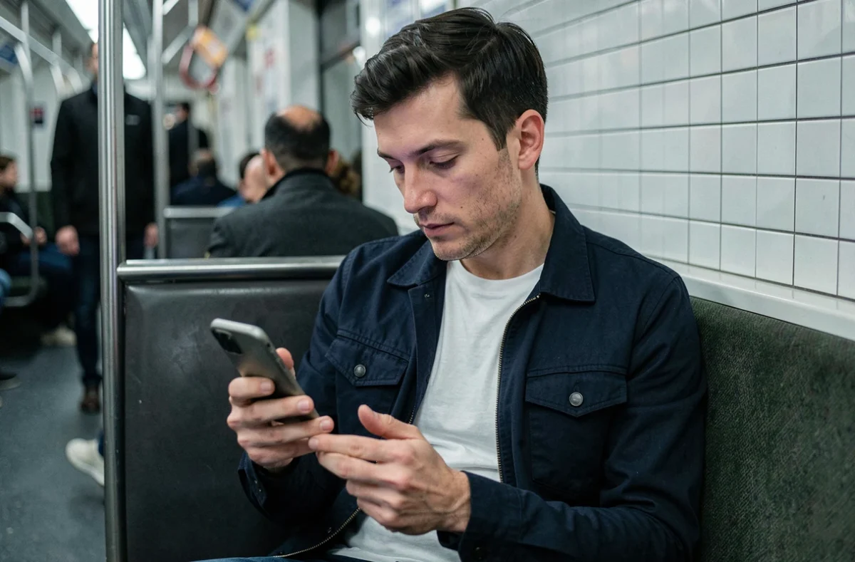 Homme consultant des stories Snapchat discrètement dans les transports en commun sans être identifié