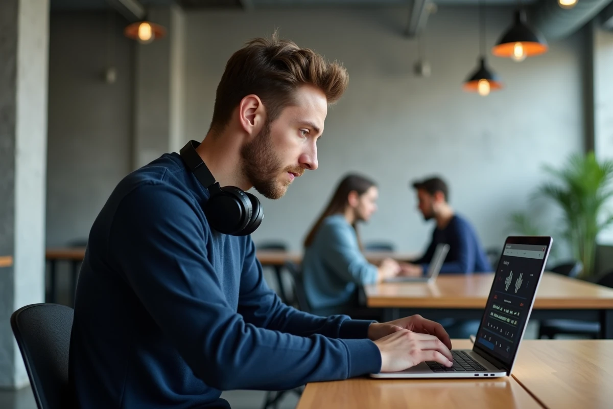 Homme en espace de coworking convertissant une vidéo YouTube en MP3 sur Chromebook avec un casque audio