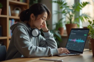 Jeune femme utilisant un convertisseur YouTube en MP3 sur son ordinateur portable dans un bureau à domicile