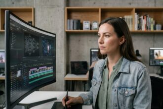 Créatrice numérique travaillant sur l'intégration de vidéo générée par IA dans un studio moderne avec écran incurvé et tablette graphique
