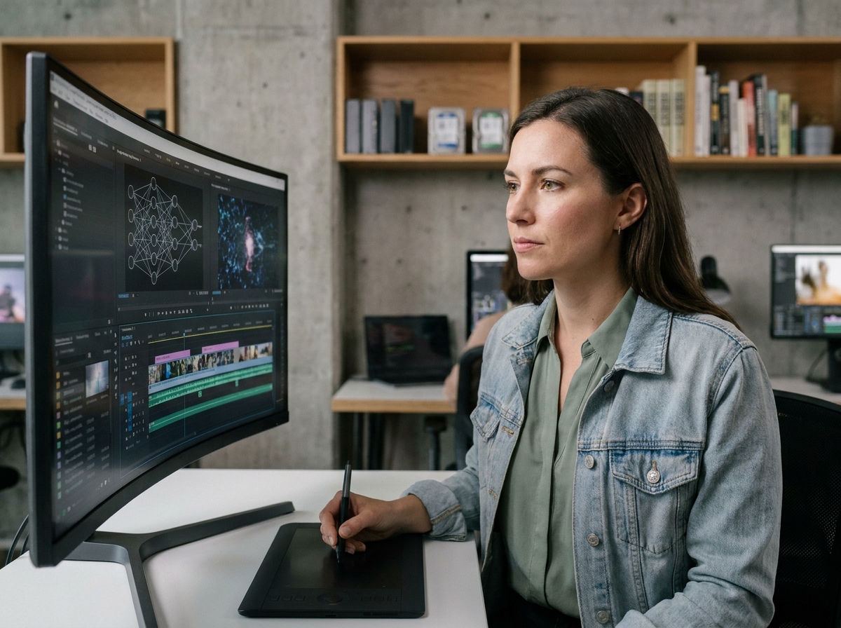 Créatrice numérique travaillant sur l'intégration de vidéo générée par IA dans un studio moderne avec écran incurvé et tablette graphique