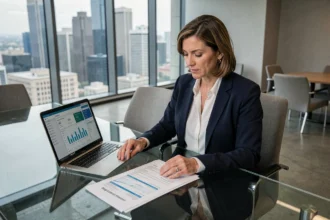 DAF femme en réunion consultant une check-list de déploiement BI sur ordinateur portable en salle de conférence moderne