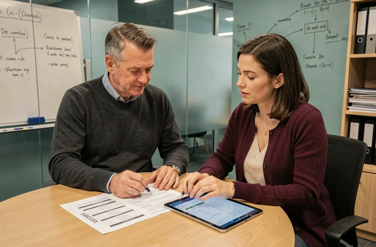 DAF et contrôleur de gestion collaborant sur une check-list de déploiement Plan BI en salle de réunion